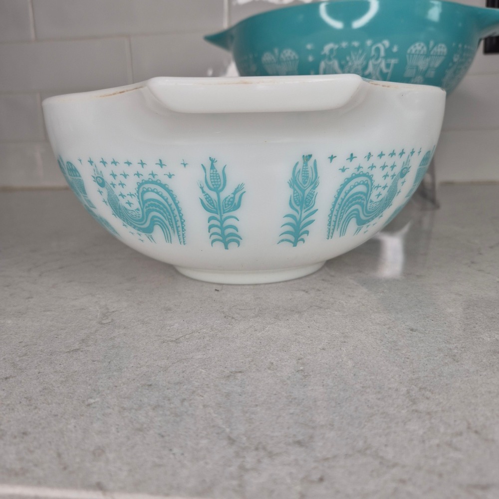 Pyrex Mixing Bowls Butterprint Amish 3 Piece Set Turquoise White - Picture 14 of 16
